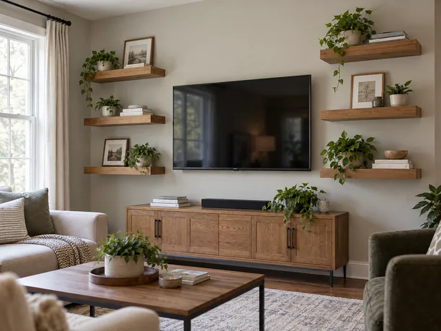 TV mounted level on a living room wall with shelves hung beside it