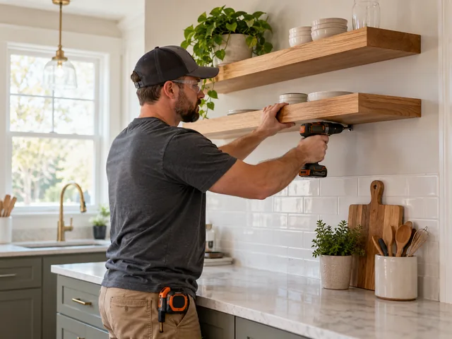 Floating wood shelves mounted level on a living room wall