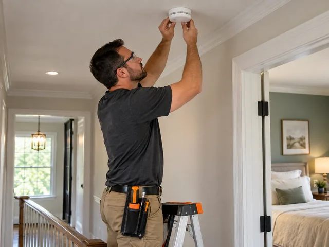 Battery smoke alarm mounted on a hallway ceiling outside a bedroom