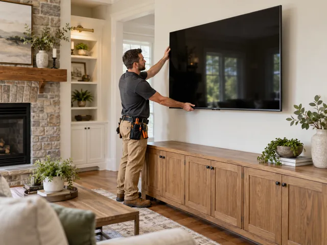 Flat-screen TV mounted level on a living room wall with a cord cover