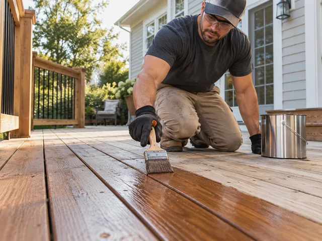 Backyard wood deck boards being stained after cleaning