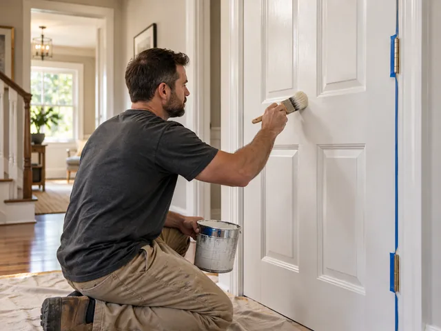 Paneled interior door being brushed with semi-gloss paint, hinges masked