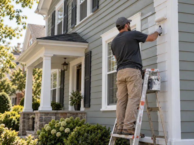 Wood siding and window trim being painted on a New Jersey house