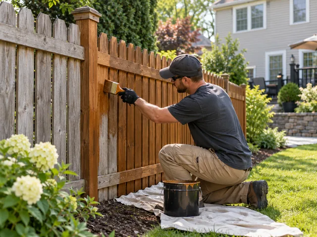Wood privacy fence half stained, showing gray boards next to fresh stain