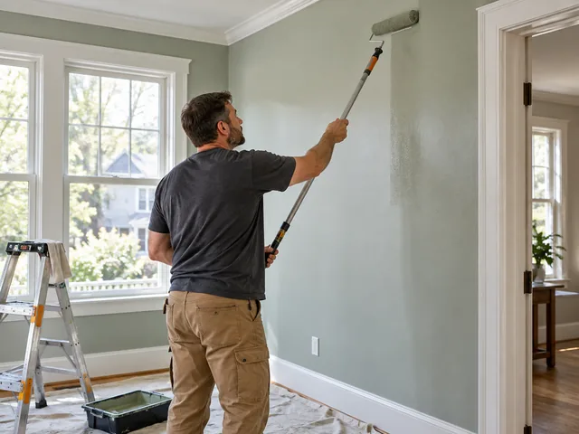Illustrative handyman painting a prepared interior wall beside finished white trim