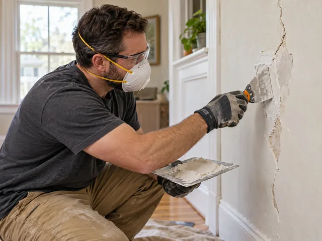 Cracked plaster wall in an older Essex County home being repaired