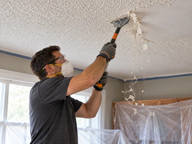 Popcorn ceiling texture being scraped after an asbestos test