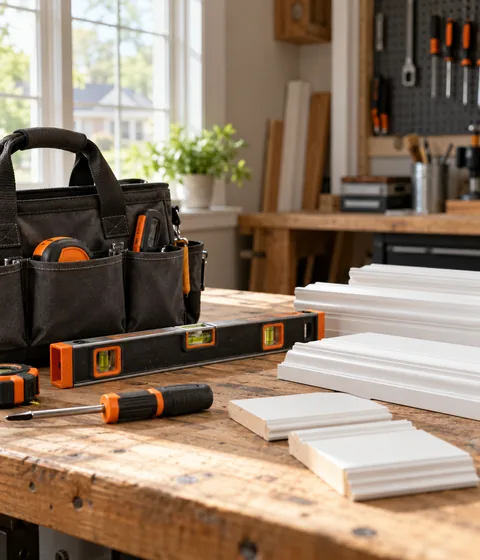 Editorial illustration of a handyman workbench and repair tools