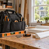 Editorial illustration of organized handyman tools beside repaired trim
