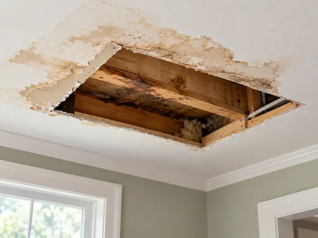 Water-stained drywall ceiling section cut out for replacement